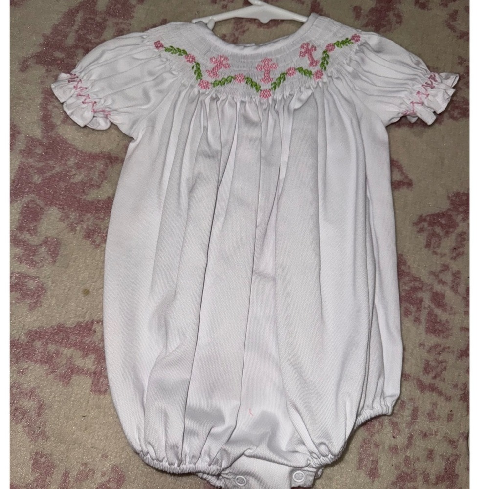 Classic Whimsy 9M Baby Girl Romper Smocked White Pink Green Cross Floral Sleeves